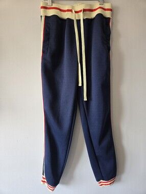 Milk Run Ankle Navy Track Pants with Cream Waistband and Red Trim. Size Small